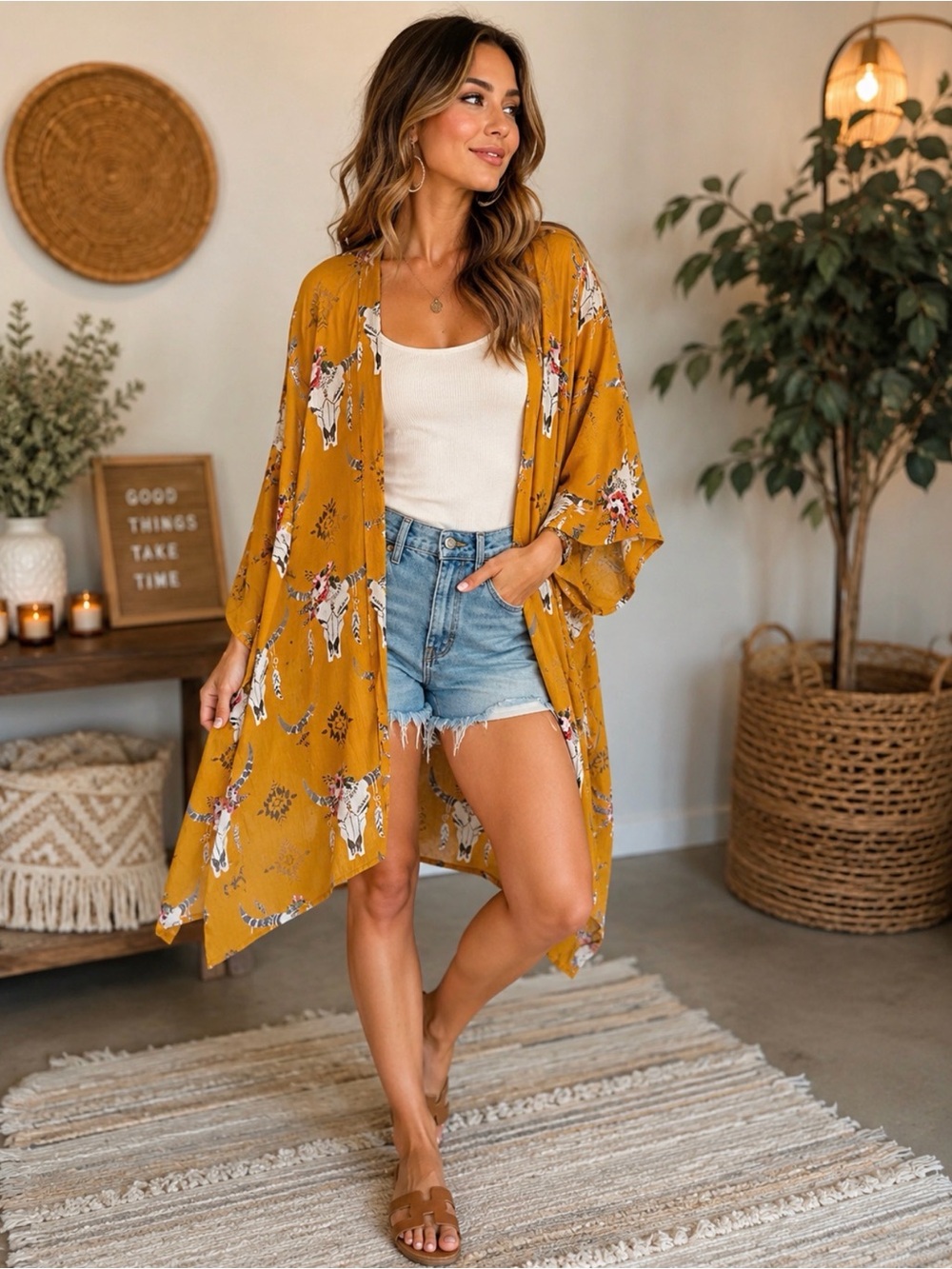 Angie bohemian kimono duster mustard yellow floral steer skull western large